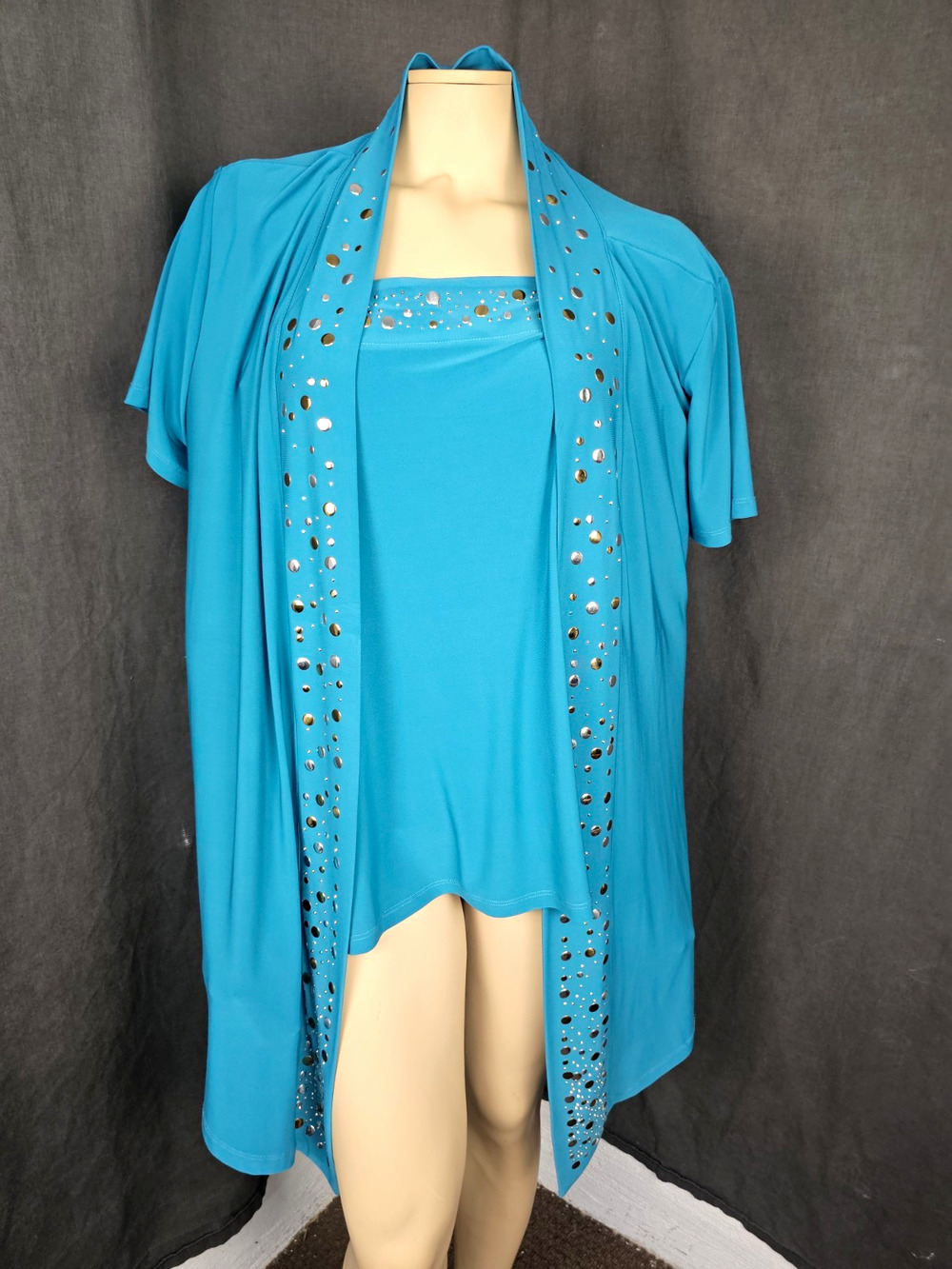 Cato Woman Womens 24W Blue Solid Open Front Collared Studded Cardigan Sweater